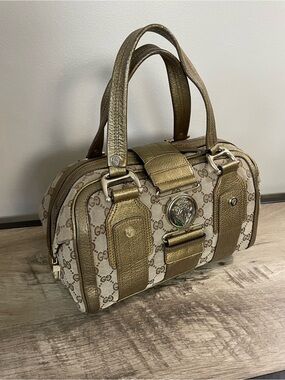 GUCCI Signature GG Monogram METALLIC GOLD Leather AVIATRIX Boston BAG Purse